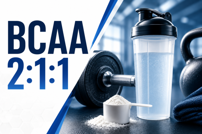 Balkan ProHealth BCAA 2:1:1 powder concept with gym equipment representing muscle recovery, performance and lean muscle support