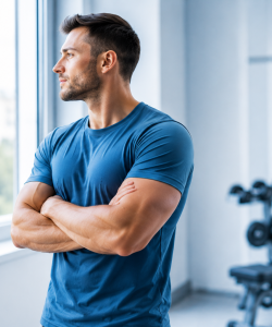Confident athletic man standing in a modern gym representing men's health and wellness