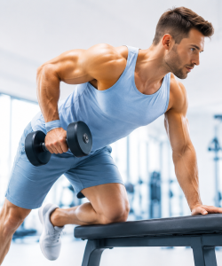 Athlete performing dumbbell row in a modern gym before workout